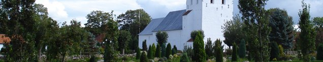 Grønne træer og buske rundt om hvid kirke